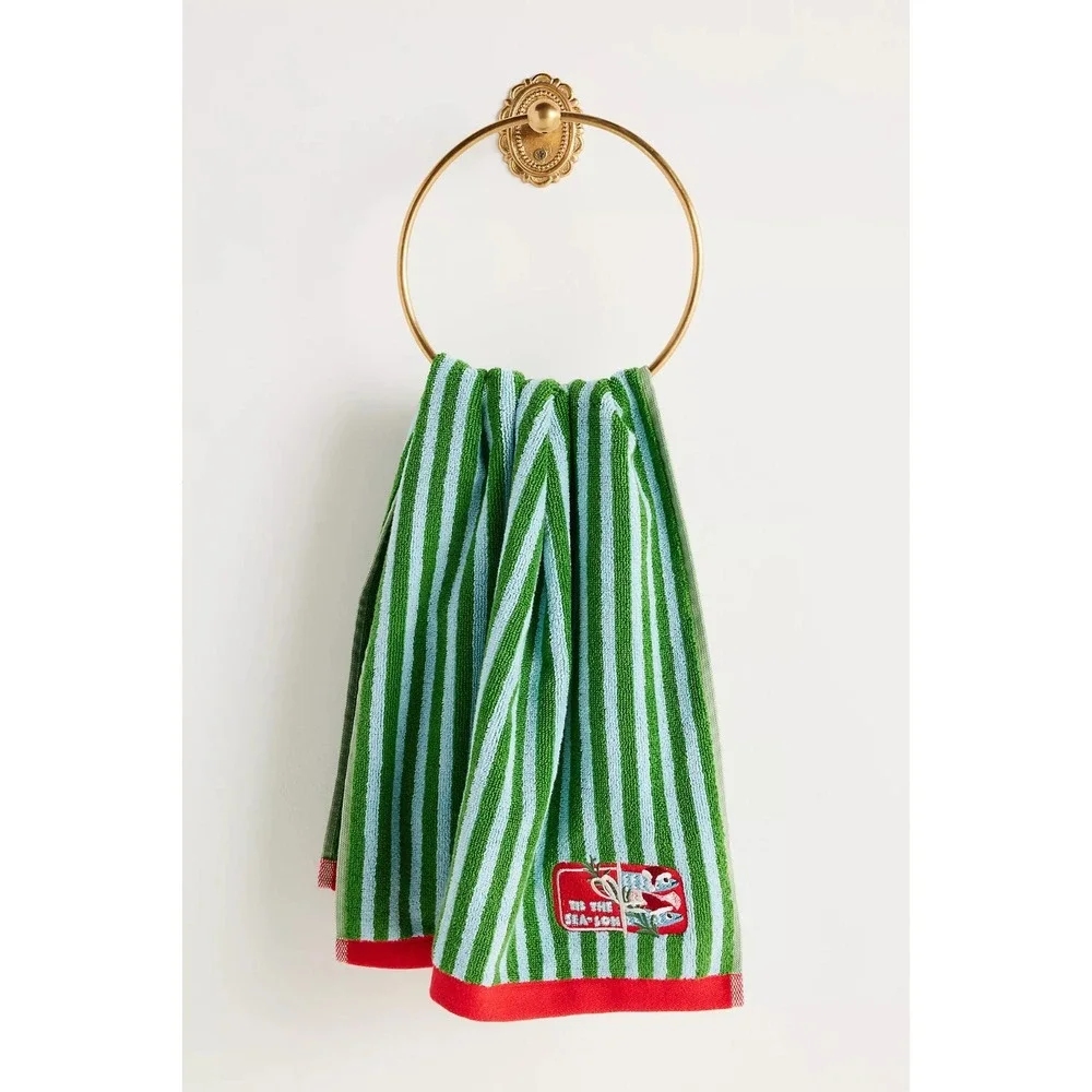 Anthropologie 'Tis The Season Green‎ Hand Towel Holiday Icon Striped 100% Cotton